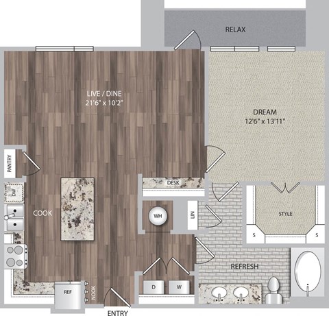 Floor plan for 1 bed, 1 bath, 939 sqft